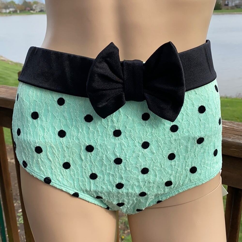 New Nicolita Women's Green Black Vavoom Waist Polka Dot Ruched Swim Bottom S